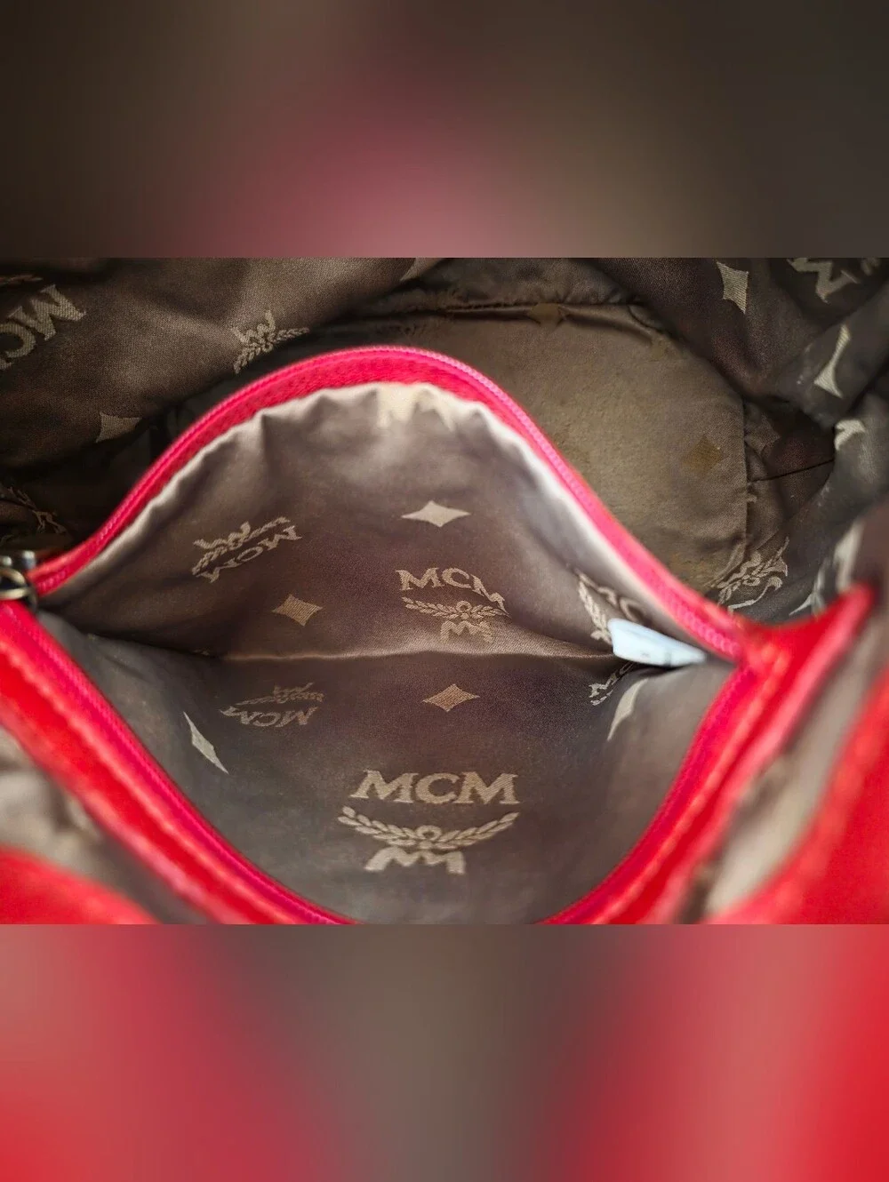 MCM Red Drawstring Bucket Quilted Handbag Satchel AUTHENTIC